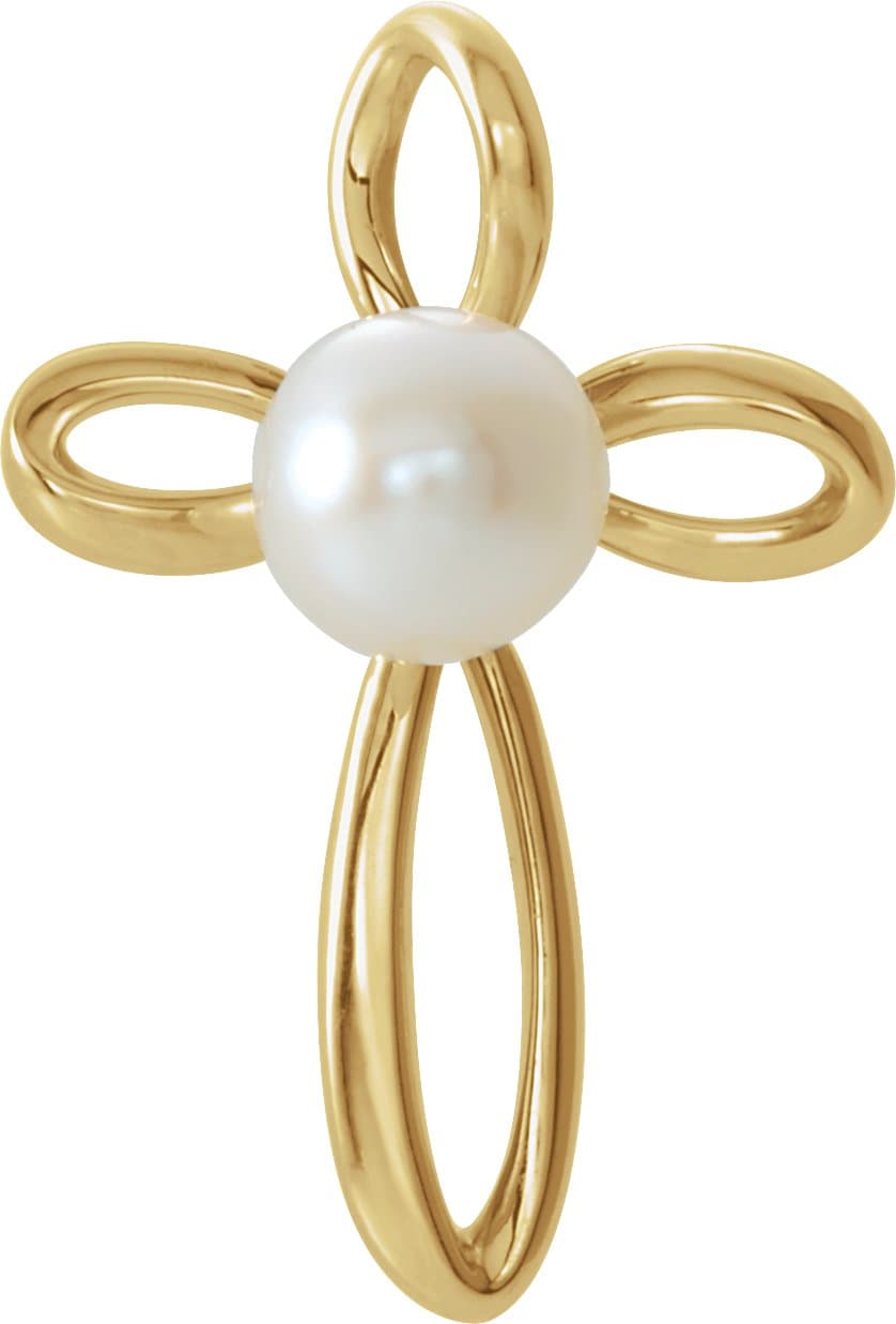 14K Rose Cultured White Freshwater Pearl Cross Pendant