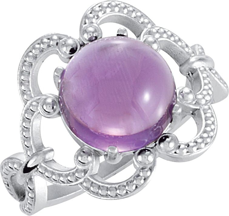14K White Natural Amethyst Cabochon Ring