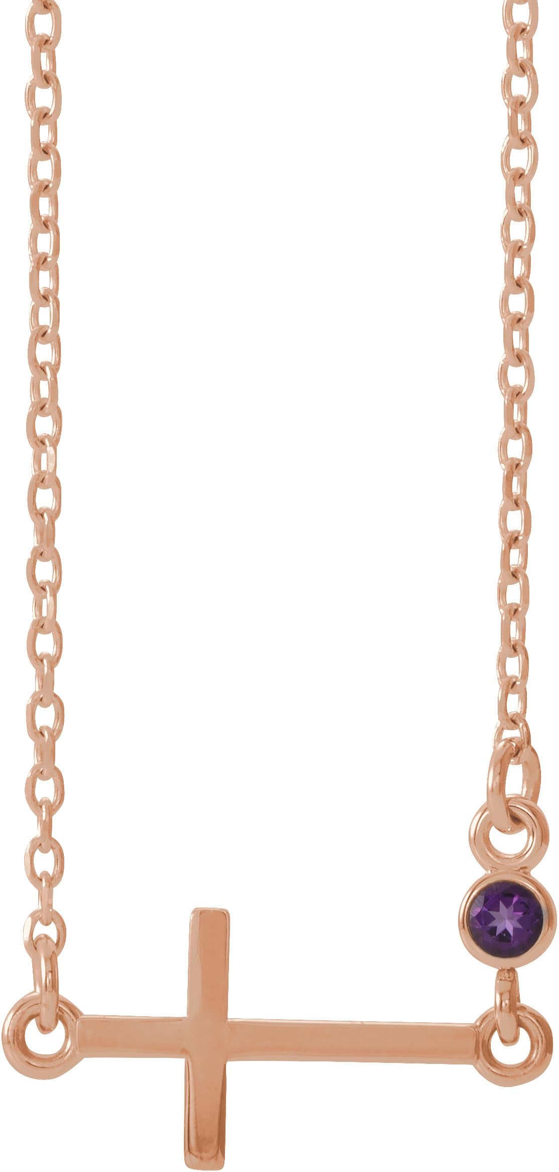 14K Rose Natural Amethyst Sideways Cross 16-18 Necklace