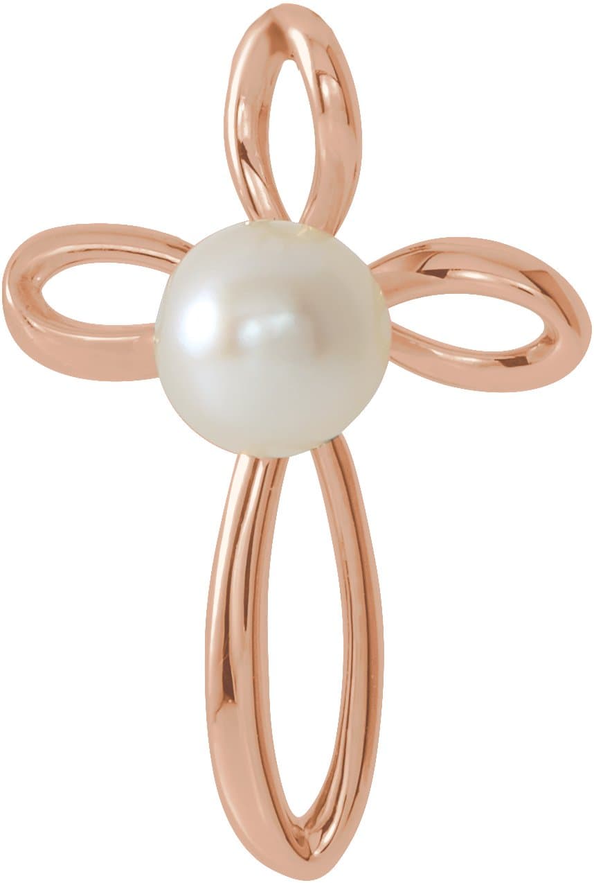 14K Rose Cultured White Freshwater Pearl Cross Pendant