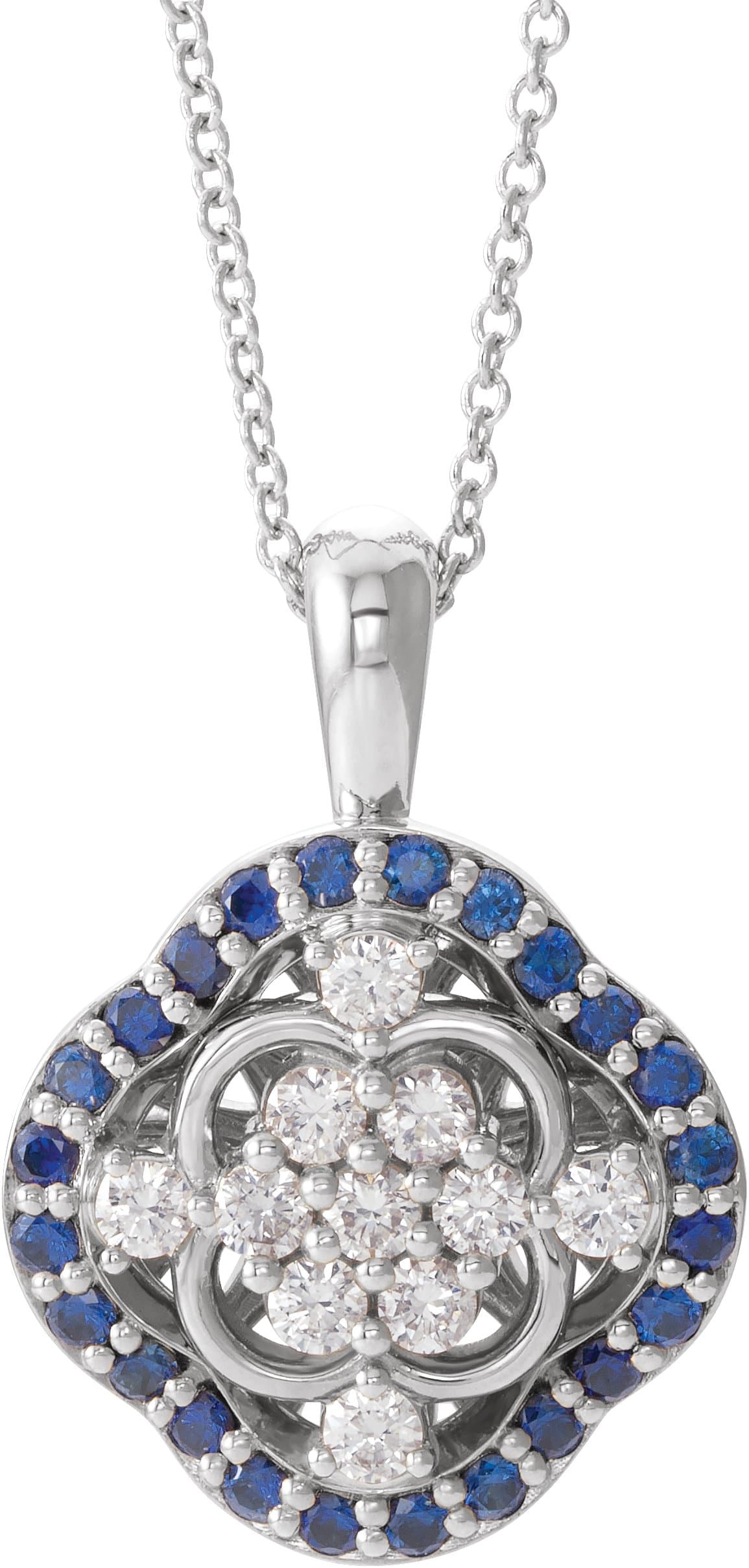 14K White Natural Blue Sapphire & 1/3 CTW Natural Diamond Cluster 16-18 Necklace