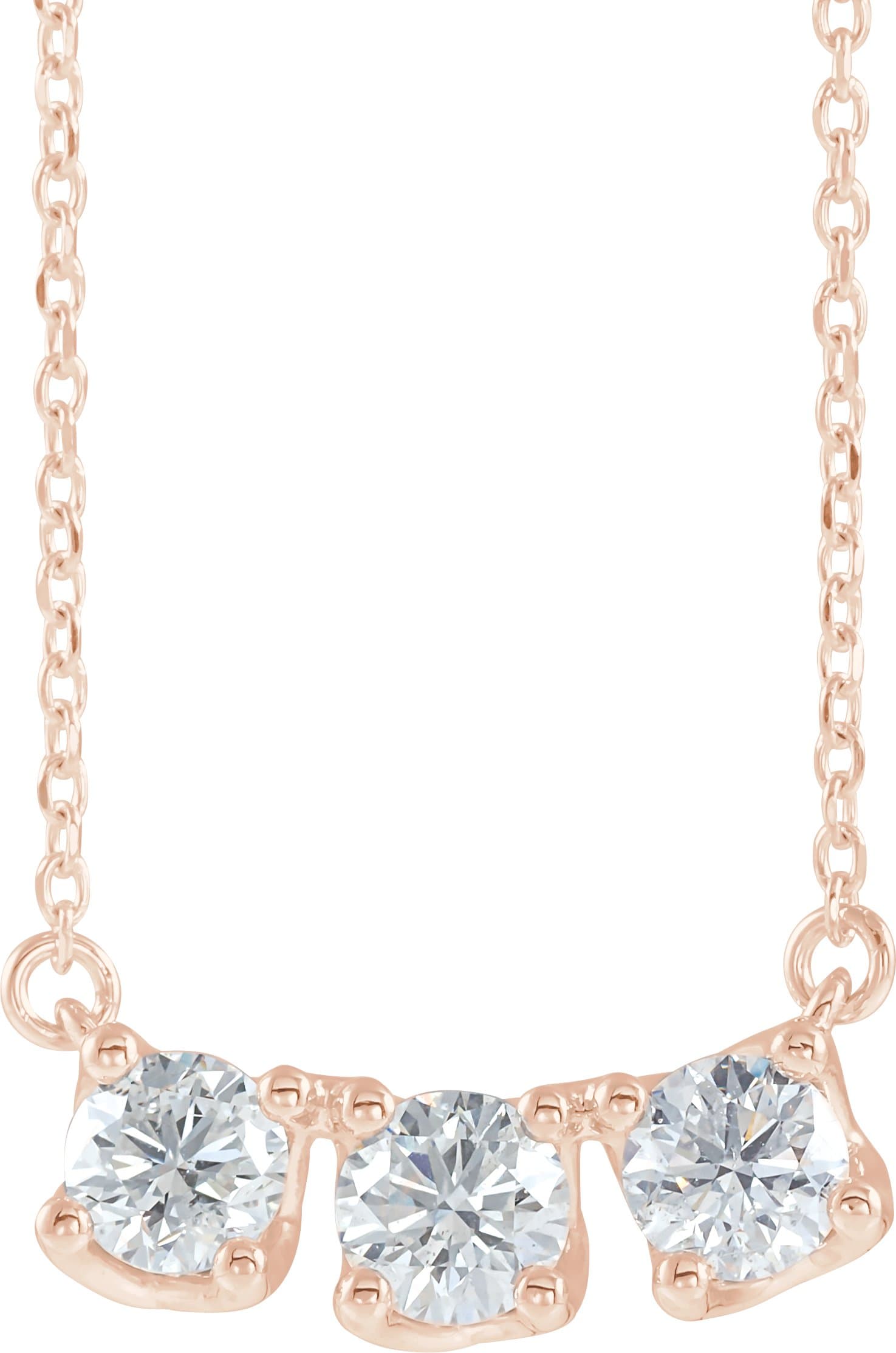 14K Rose 1 1/5 CTW Natural Diamond Three-Stone Curved Bar 18 Necklace