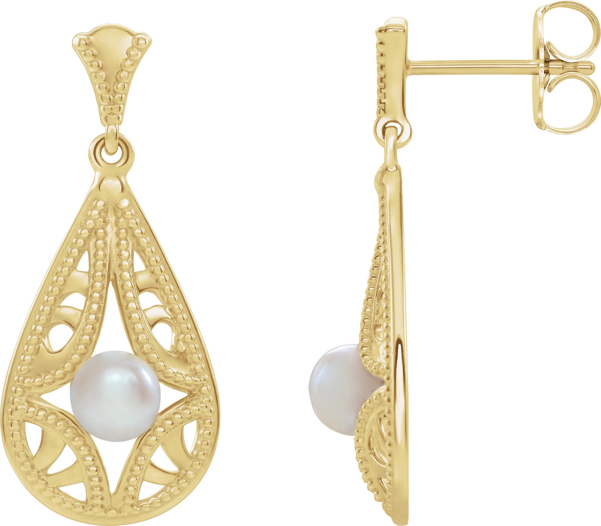 14K Rose Cultured White Freshwater Pearl Vintage-Inspired Earrings