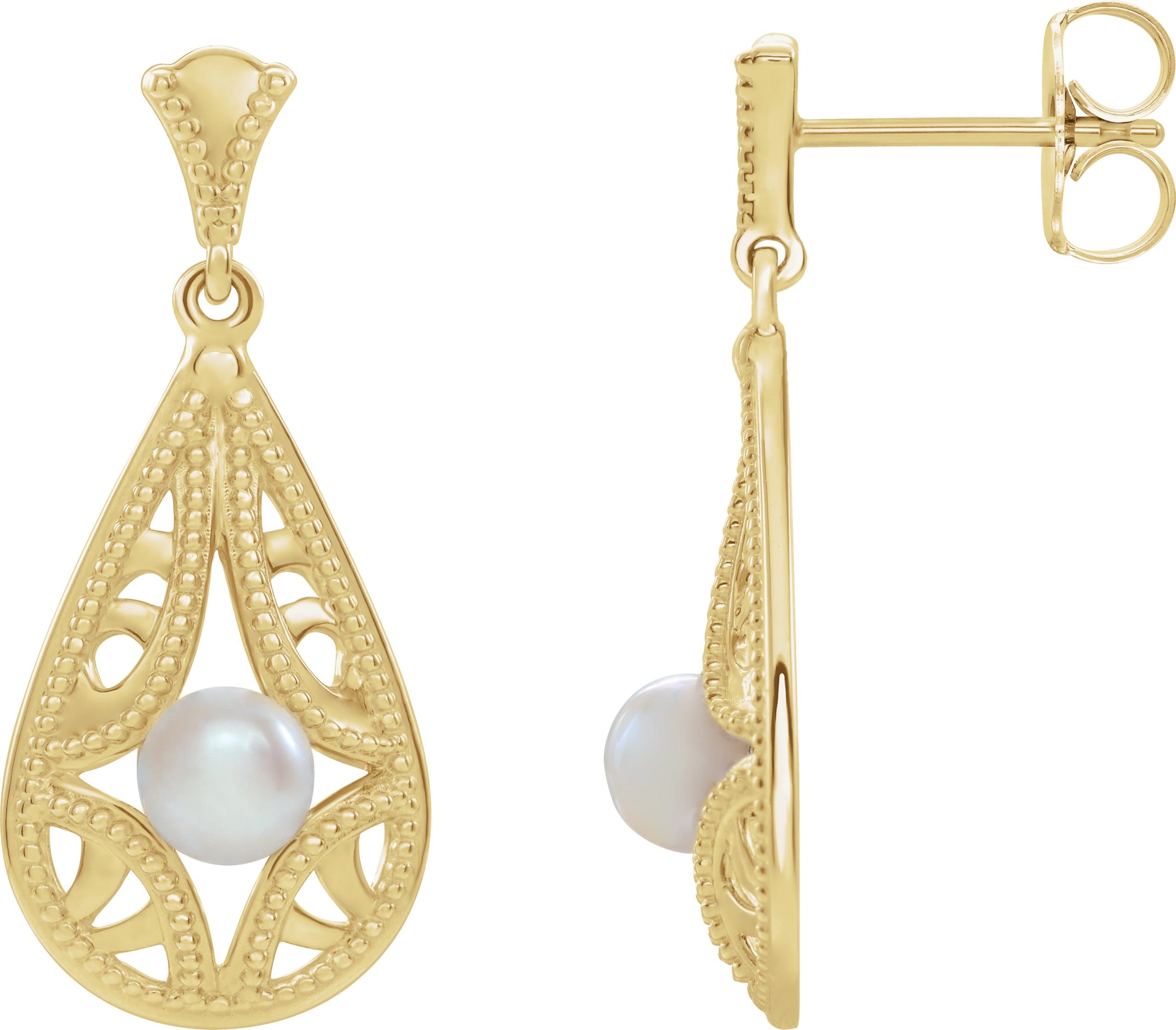 14K Rose Cultured White Freshwater Pearl Vintage-Inspired Earrings