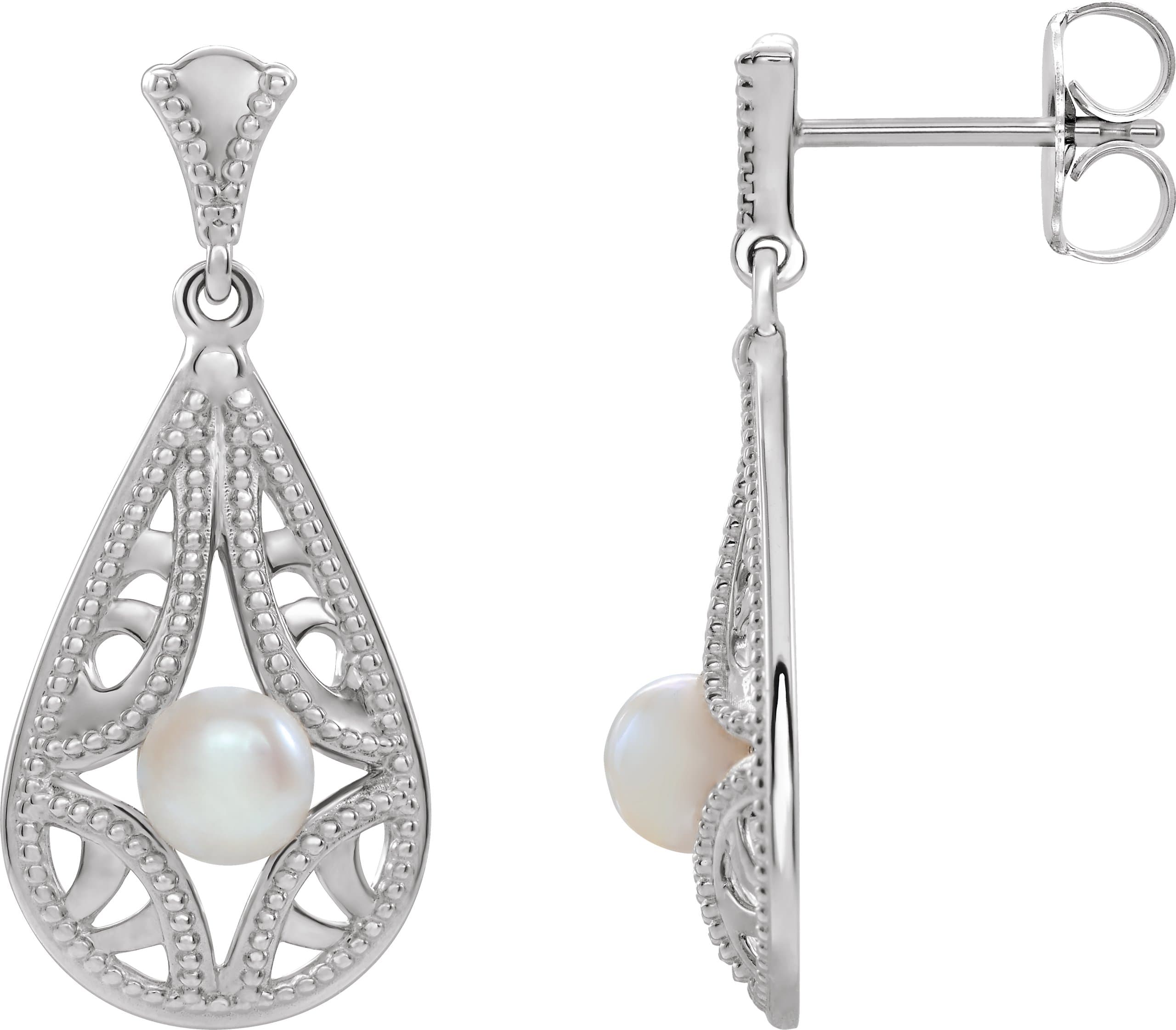 14K Rose Cultured White Freshwater Pearl Vintage-Inspired Earrings