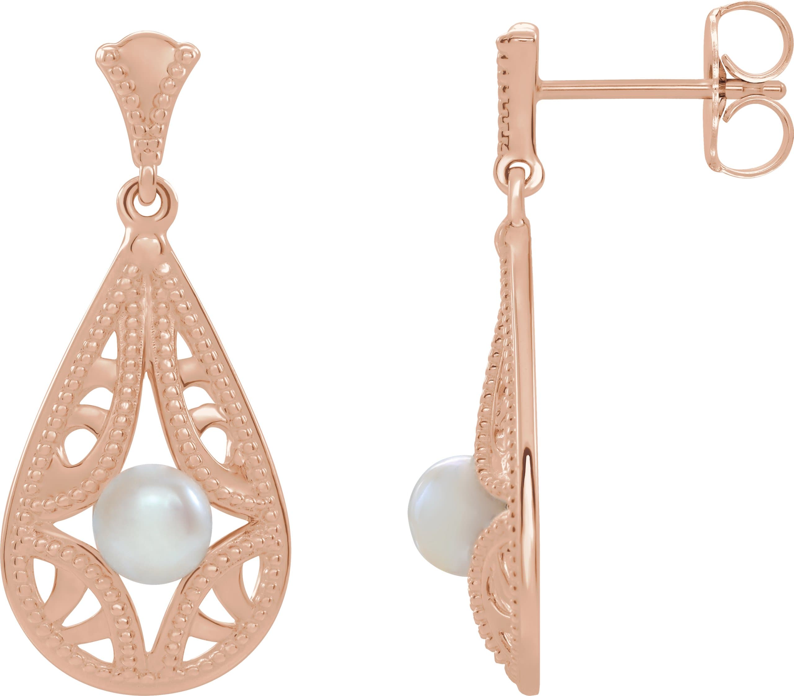 14K Rose Cultured White Freshwater Pearl Vintage-Inspired Earrings
