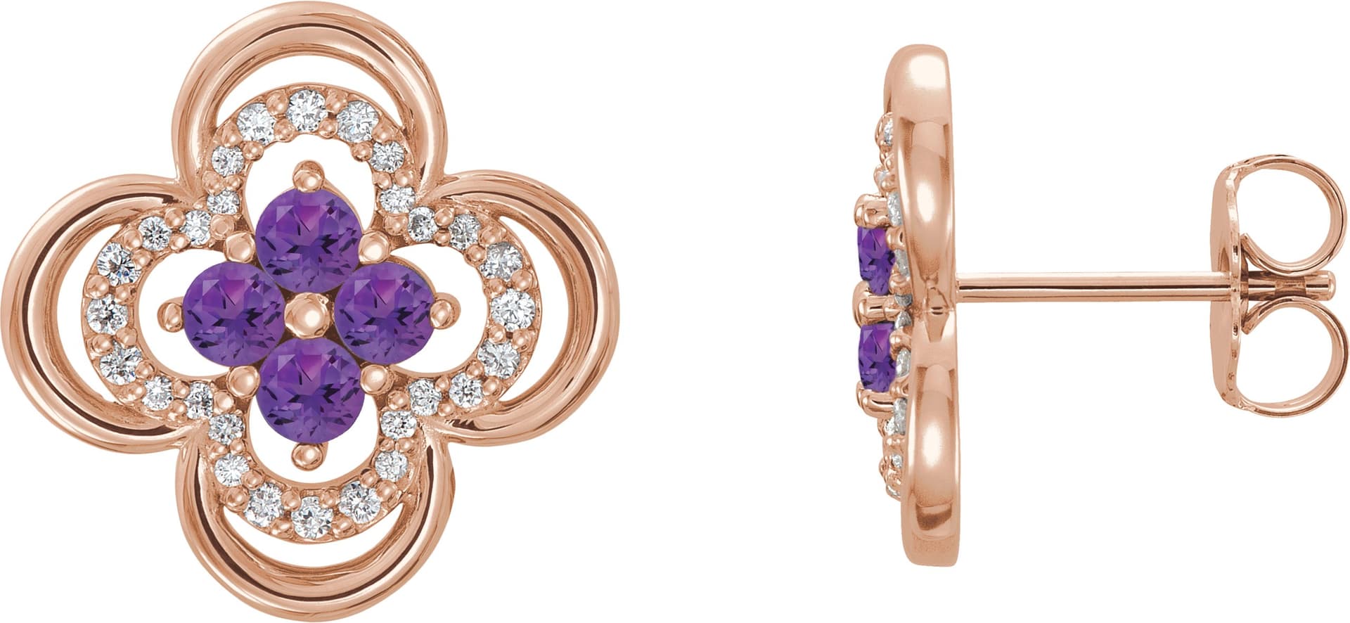 14K Rose Natural Amethyst & 1/5 CTW Natural Diamond Clover Earrings