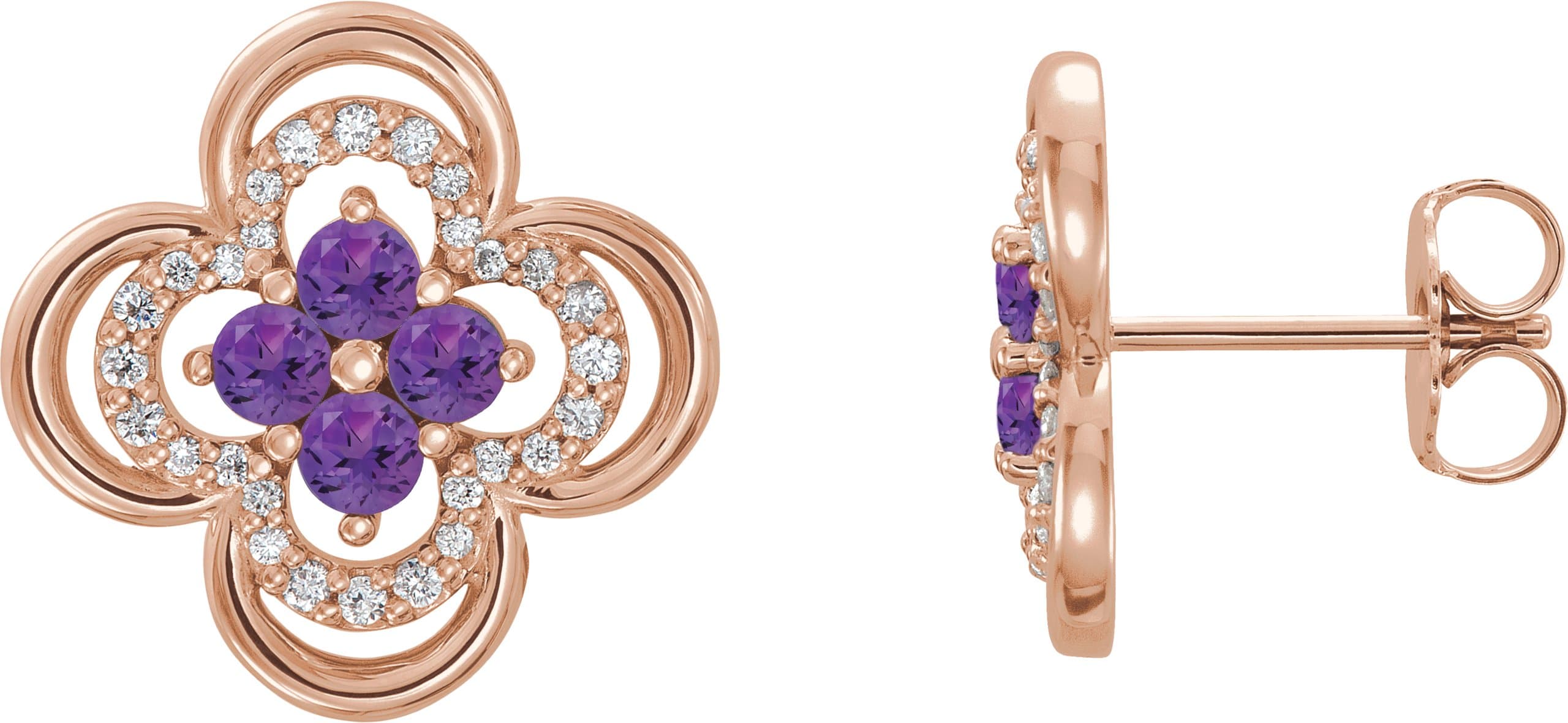 14K Rose Natural Amethyst & 1/5 CTW Natural Diamond Clover Earrings