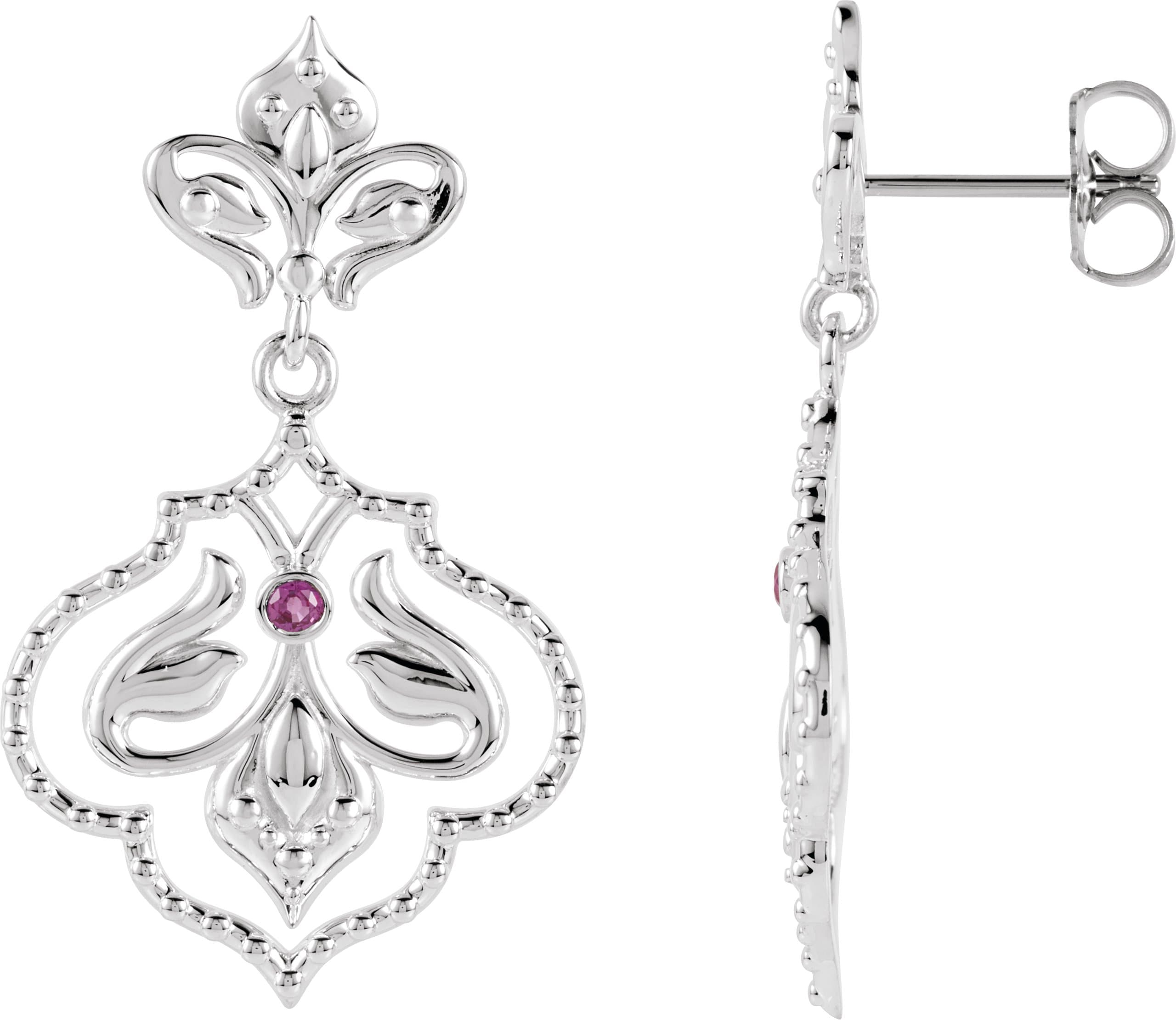 Sterling Silver & 14K White Natural Ruby Fleur-de-lis Earrings