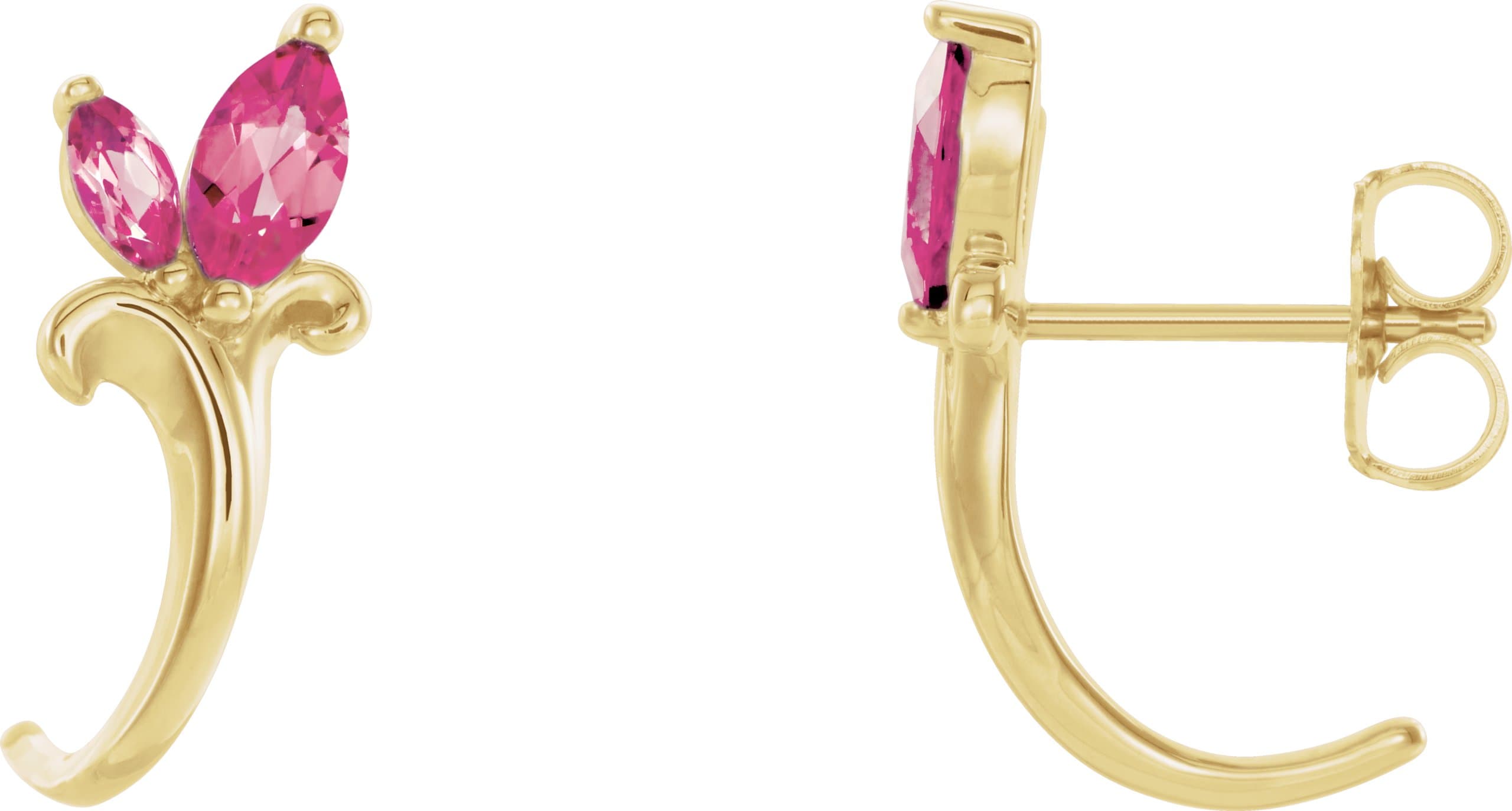 14K Yellow Gold Natural Pink Tourmaline Floral J-Hoop Earrings