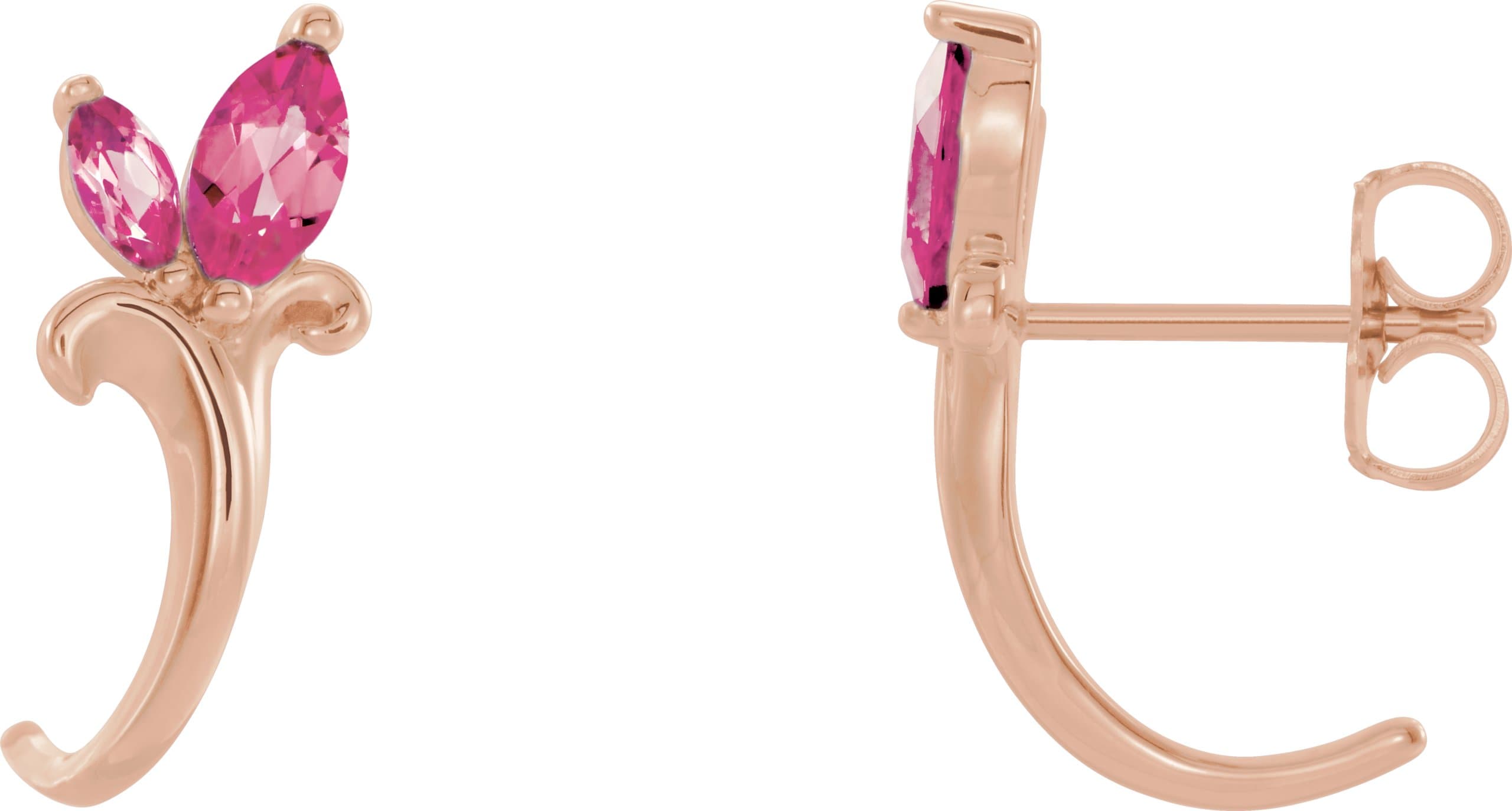14K Yellow Gold Natural Pink Tourmaline Floral J-Hoop Earrings
