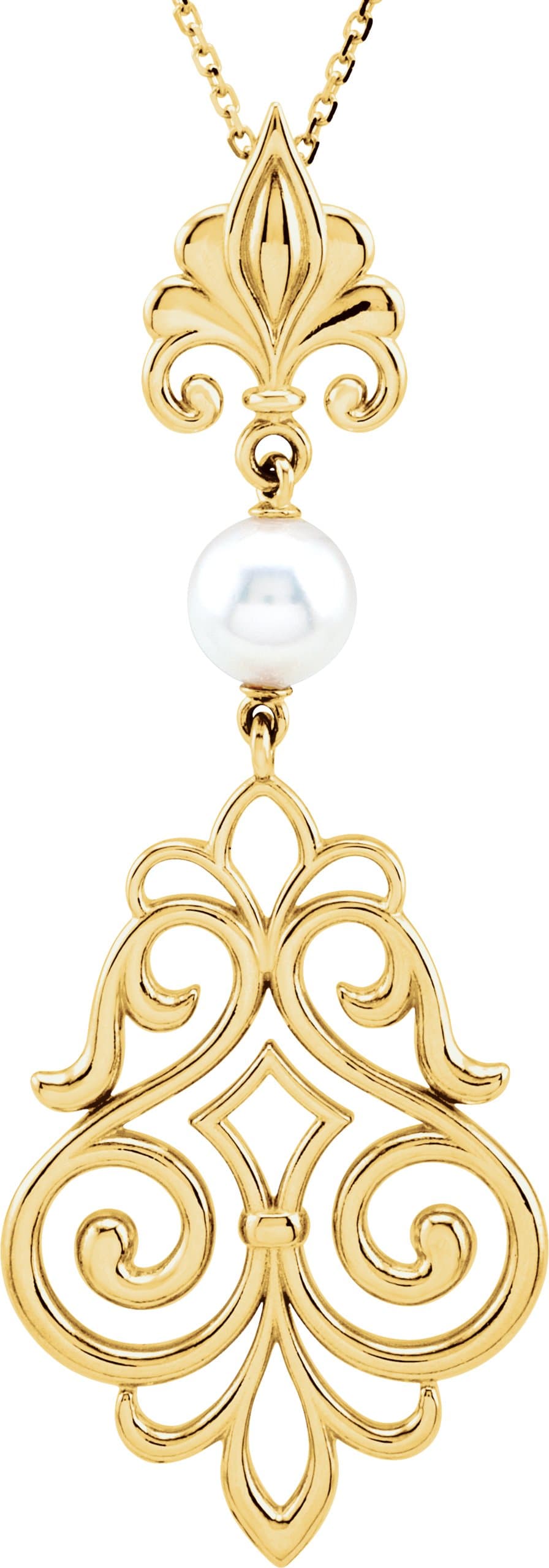 14K Yellow Cultured White Akoya Pearl Fleur-de-lis 18 Necklace