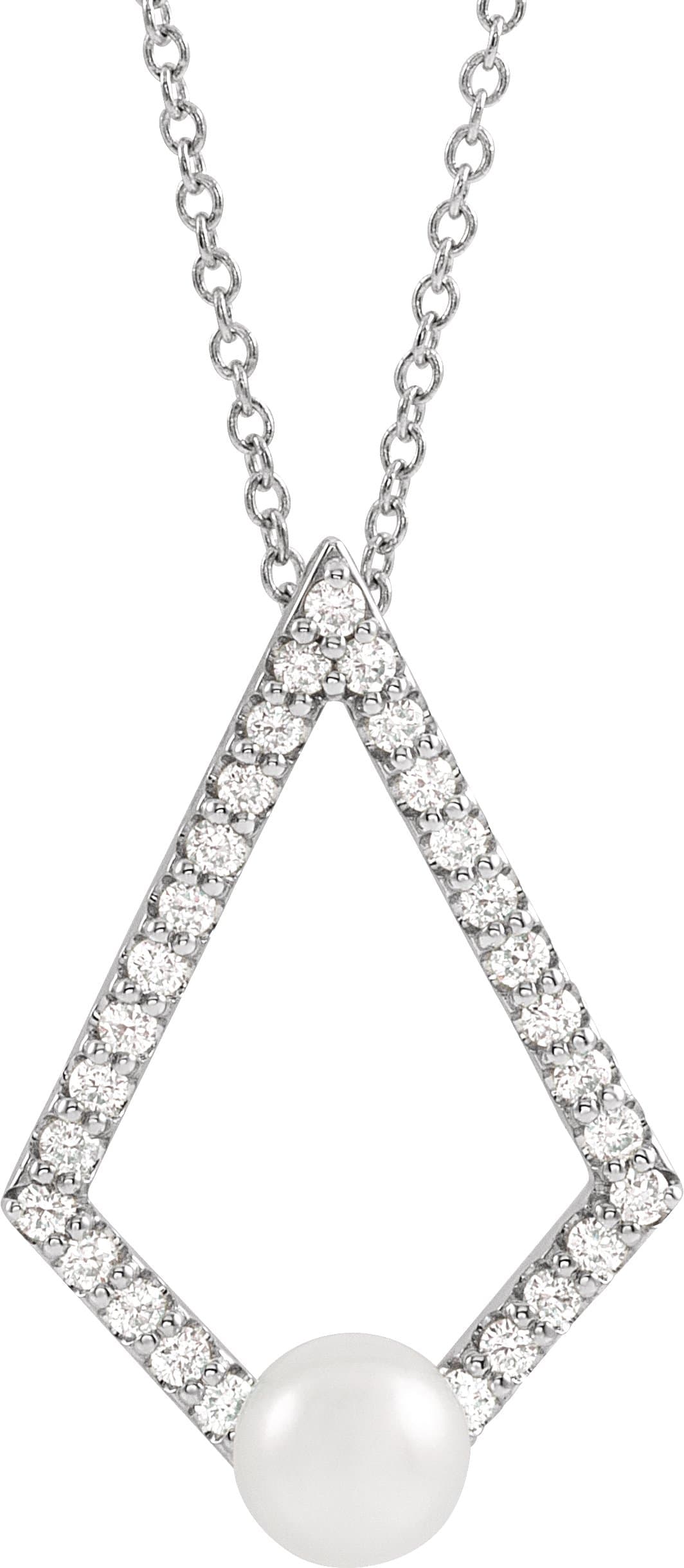 14K Rose Cultured White Freshwater Pearl & 1/4 CTW Natural Diamond Geometric 16-18 Necklace