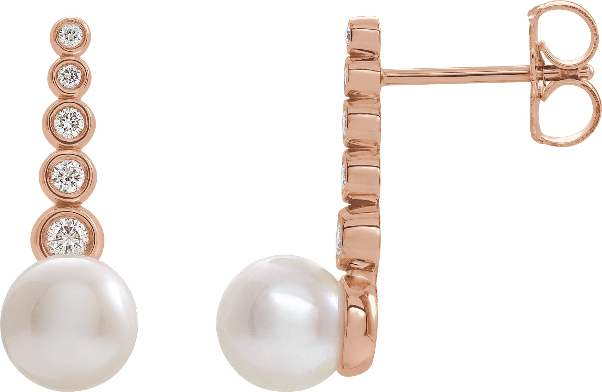 14K Rose Cultured White Freshwater Pearl & 1/8 CTW Natural Diamond Earrings