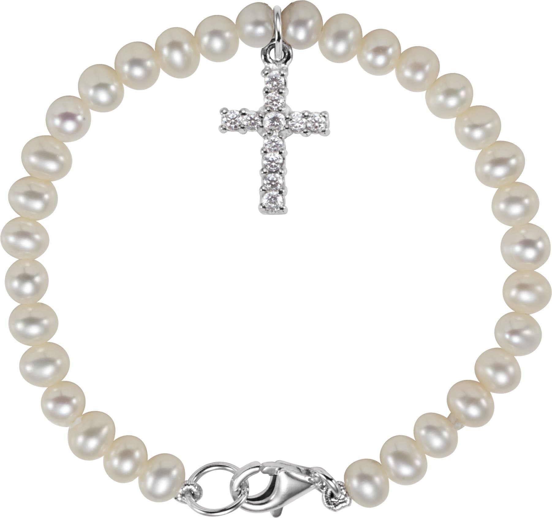 Sterling Silver Cultured White Freshwater Pearl & Imitation White Cubic Zirconia Cross 5 1/2 Bracelet