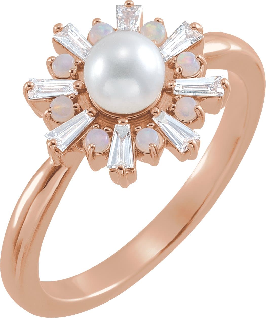 14K Rose  Cultured White Akoya Pearl, Natural White Opal & 1/4 CTW Natural Diamond Ring
