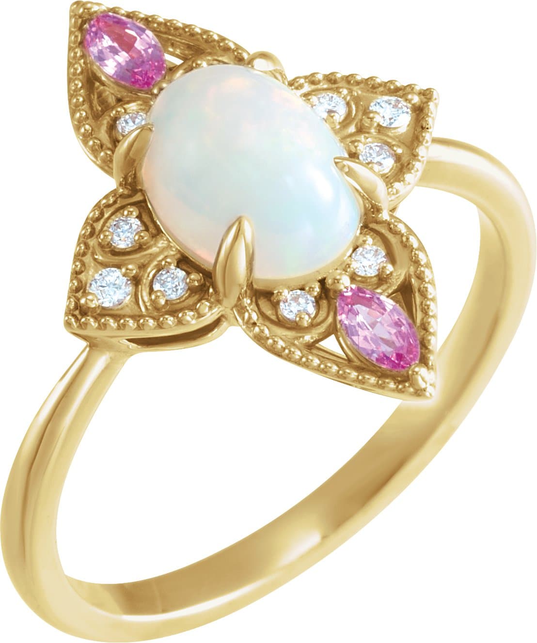 14K Rose Natural Ethiopian Opal, Natural Pink Sapphire & .05 CTW Natural Diamond Ring