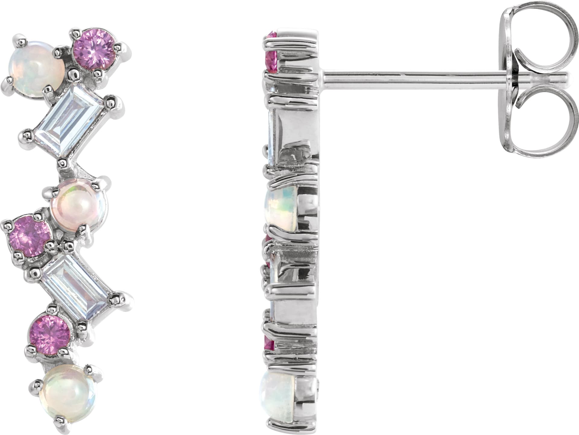 14K White Natural Ethiopian Opal, Natural Pink Sapphire & 1/10 CTW Natural Diamond Scattered Bar Earrings