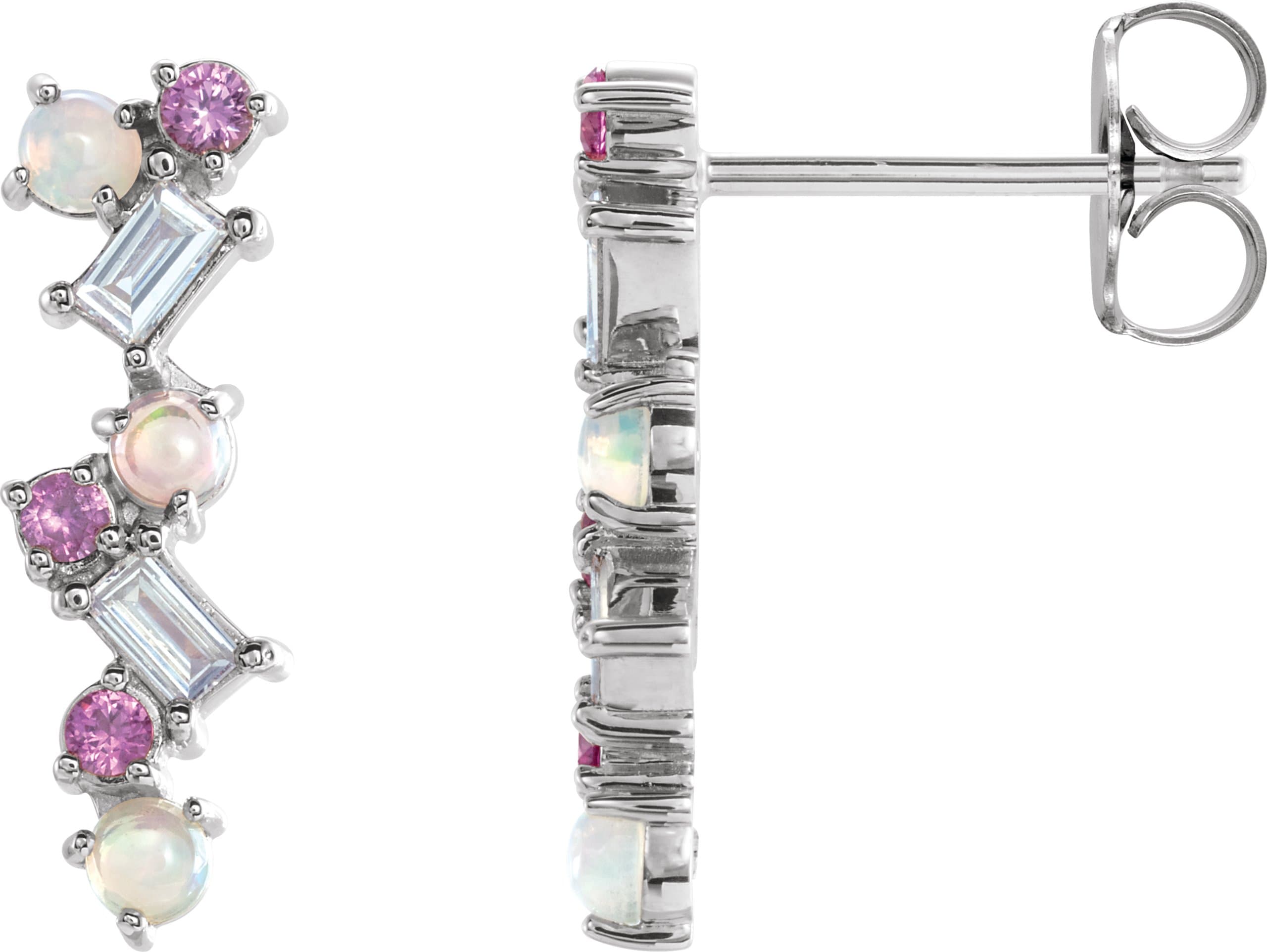 14K White Natural Ethiopian Opal, Natural Pink Sapphire & 1/10 CTW Natural Diamond Scattered Bar Earrings