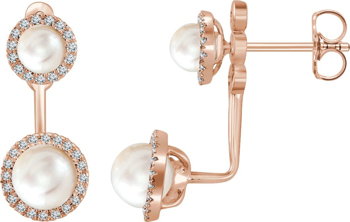 14K Rose Cultured White Freshwater Pearl & 1/5 CTW Natural Diamond Halo-Style Earrings