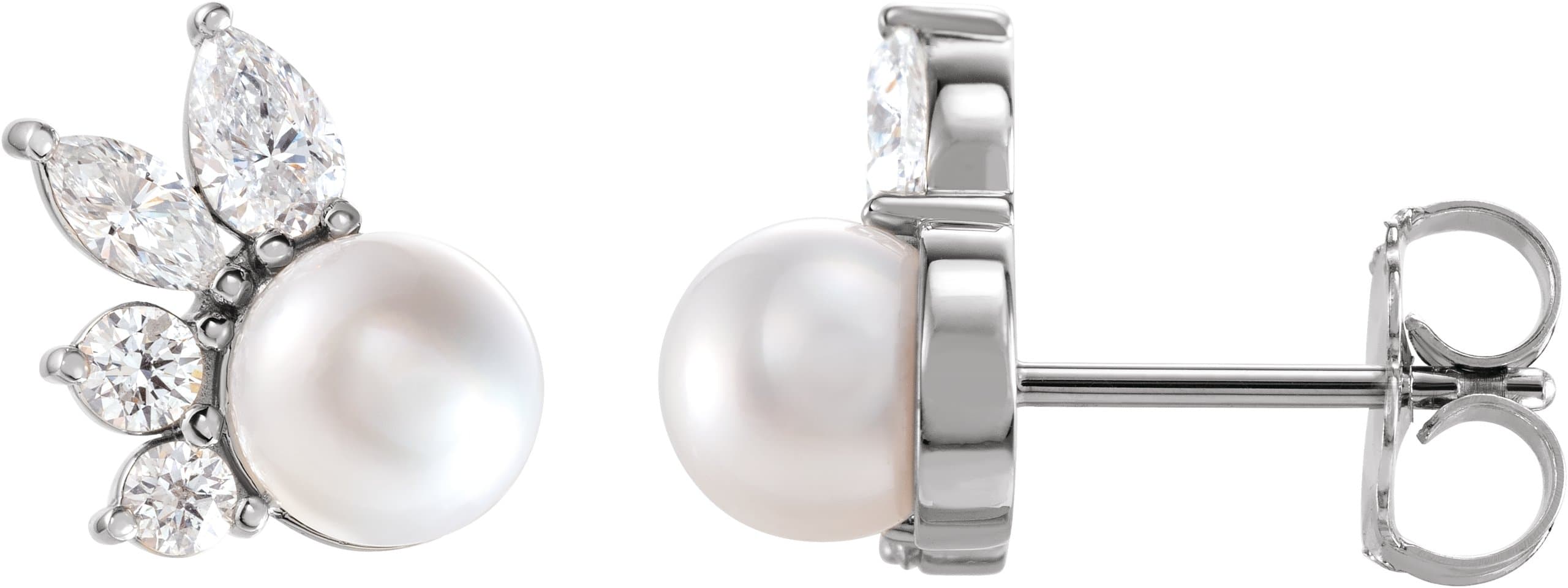 14K Yellow Cultured White Akoya Pearl & 1/2 CTW Natural Diamond Earrings