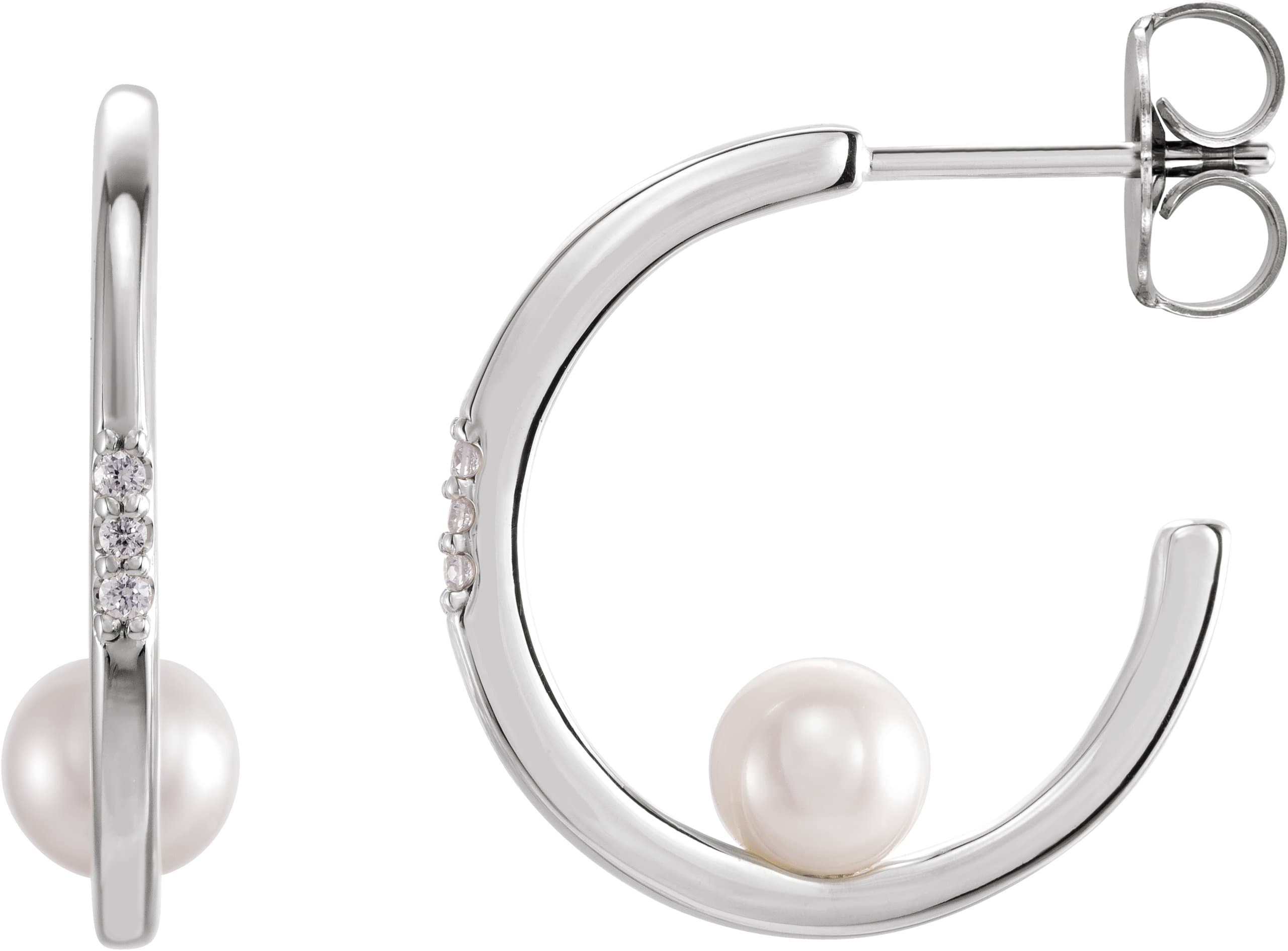 14K Rose Cultured White Freshwater Pearl & .025 CTW Natural Diamond Hoop Earrings