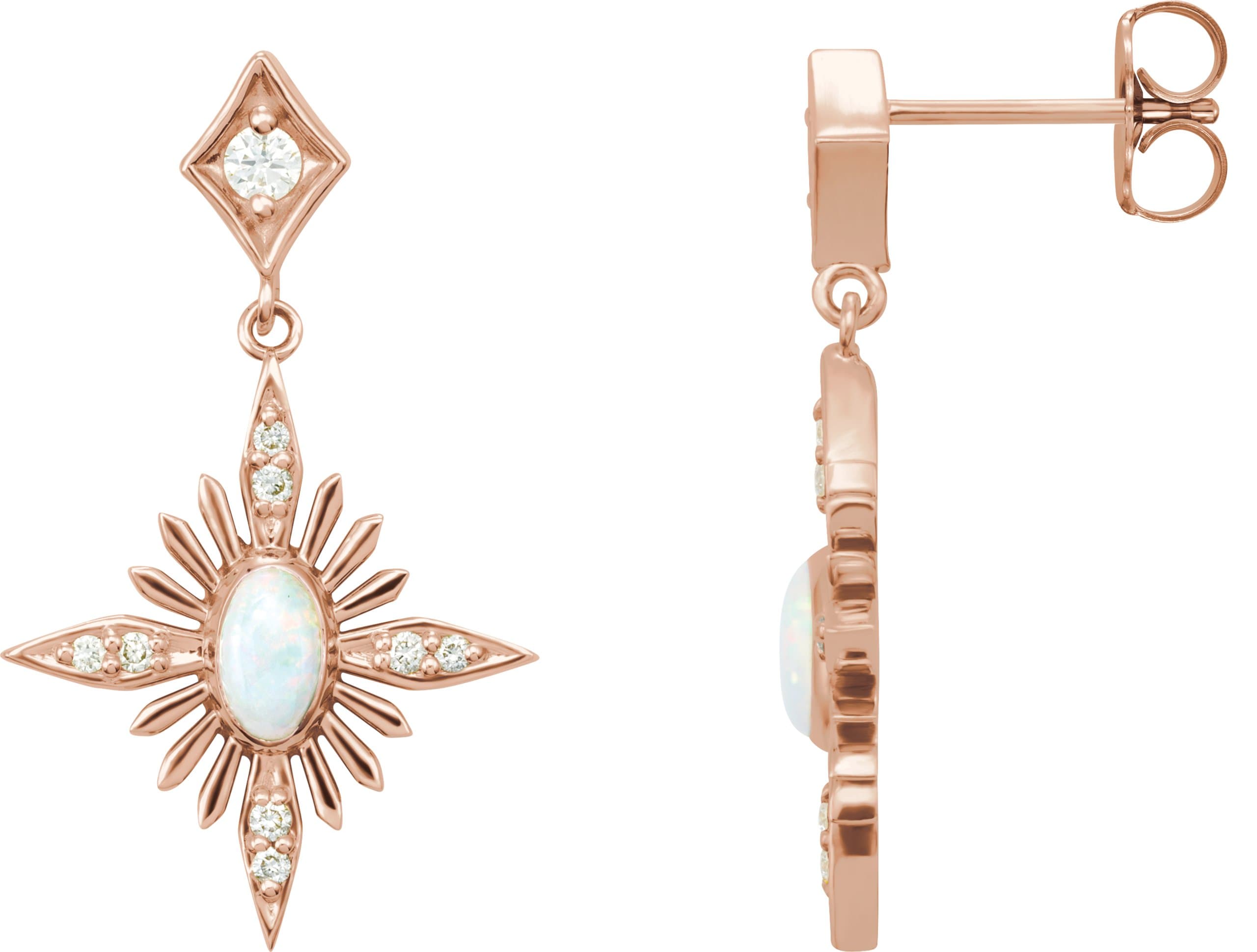 14K Rose Natural White Opal & 1/6 CTW Natural Diamond Star Earrings