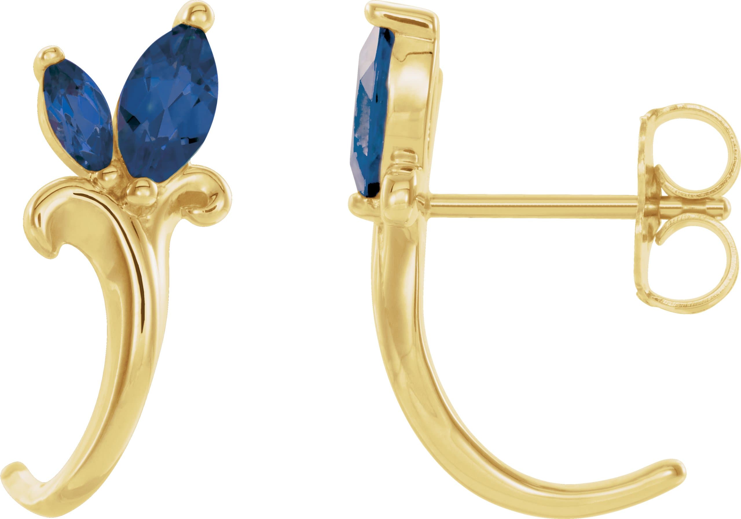 14K Rose Natural Blue Sapphire Floral J-Hoop Earrings