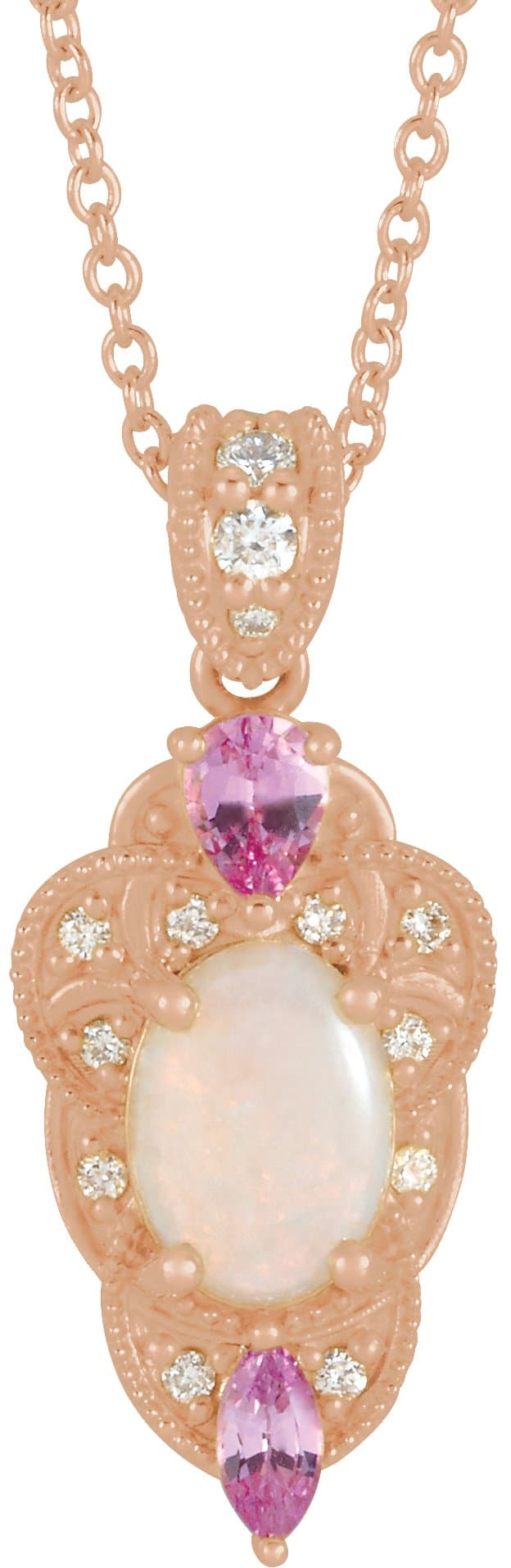 14K Rose Natural White Opal, Natural Pink Sapphire & 1/10 CTW Natural Diamond 16-18 Necklace