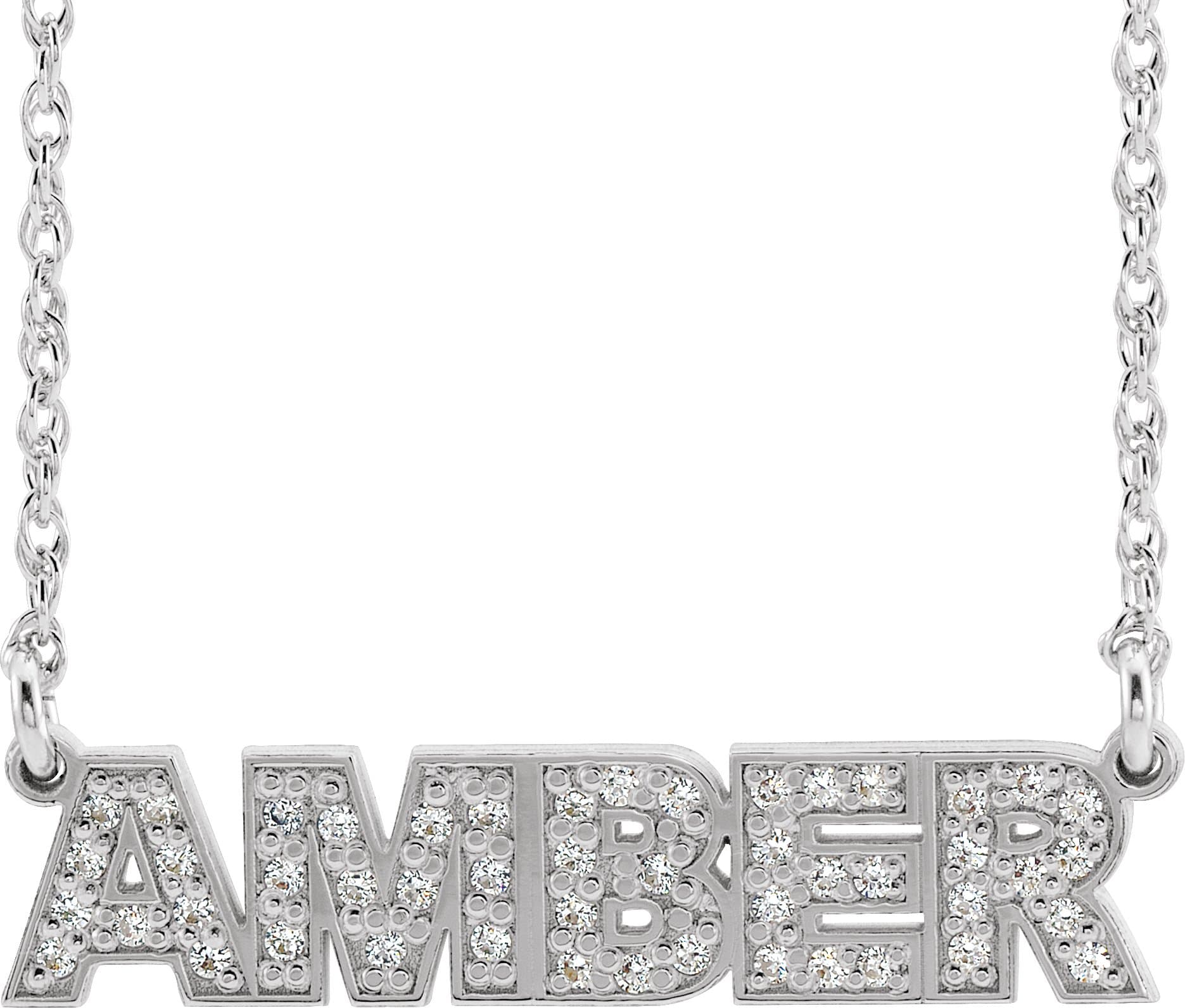 10K White Gold Natural Diamond Single Name Nameplate 16" Necklace
