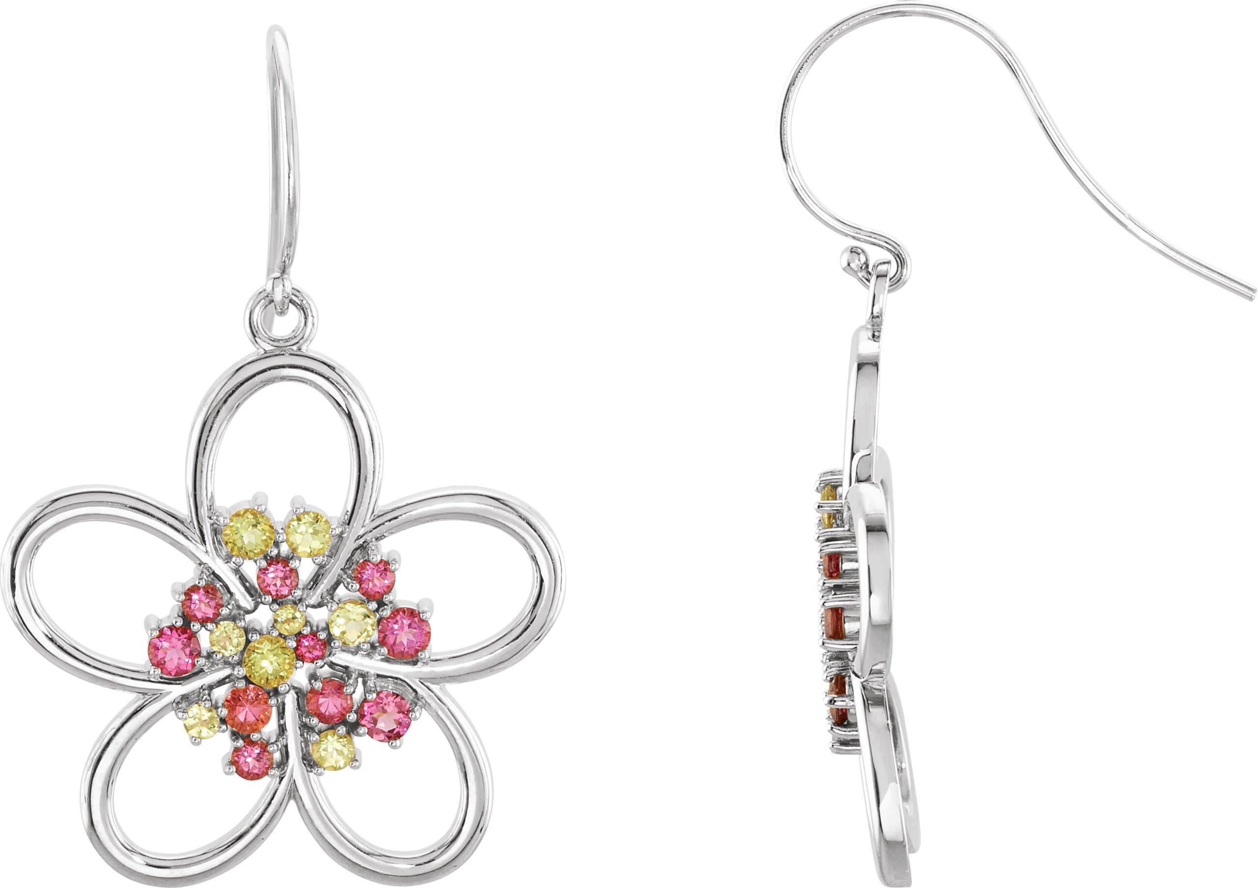 14K White Natual Peridot & Natual Pink Tourmaline Flower Earrings