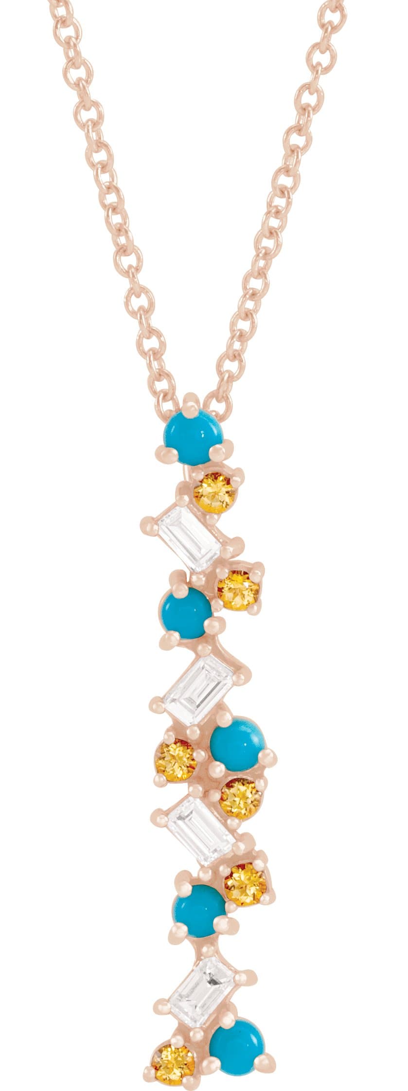 14K Rose Natural Honey Passion Topaz, Natural Turquoise & 1/8 CTW Natural Diamond Scattered Bar 16-18 Necklace
