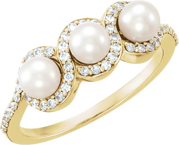 14K Rose Cultured White Freshwater Pearl & 1/5 CTW Natural Diamond Halo-Style Ring