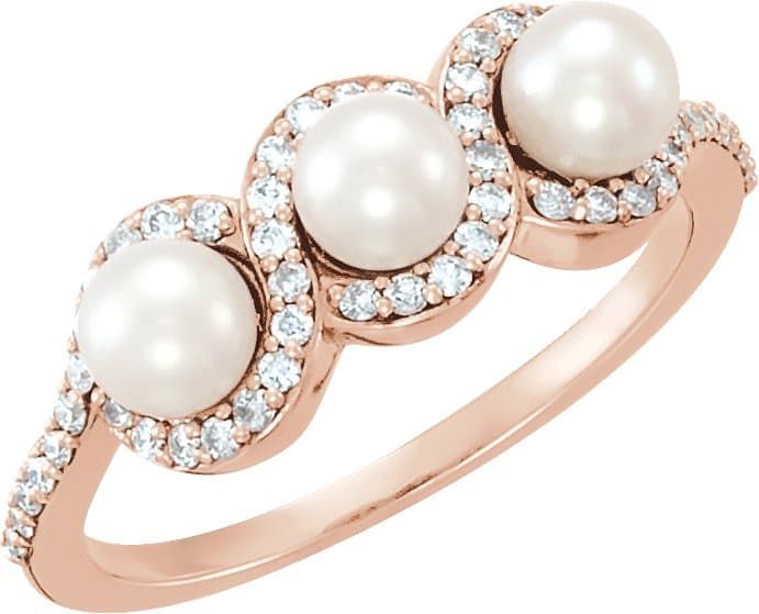 14K Rose Cultured White Freshwater Pearl & 1/5 CTW Natural Diamond Halo-Style Ring