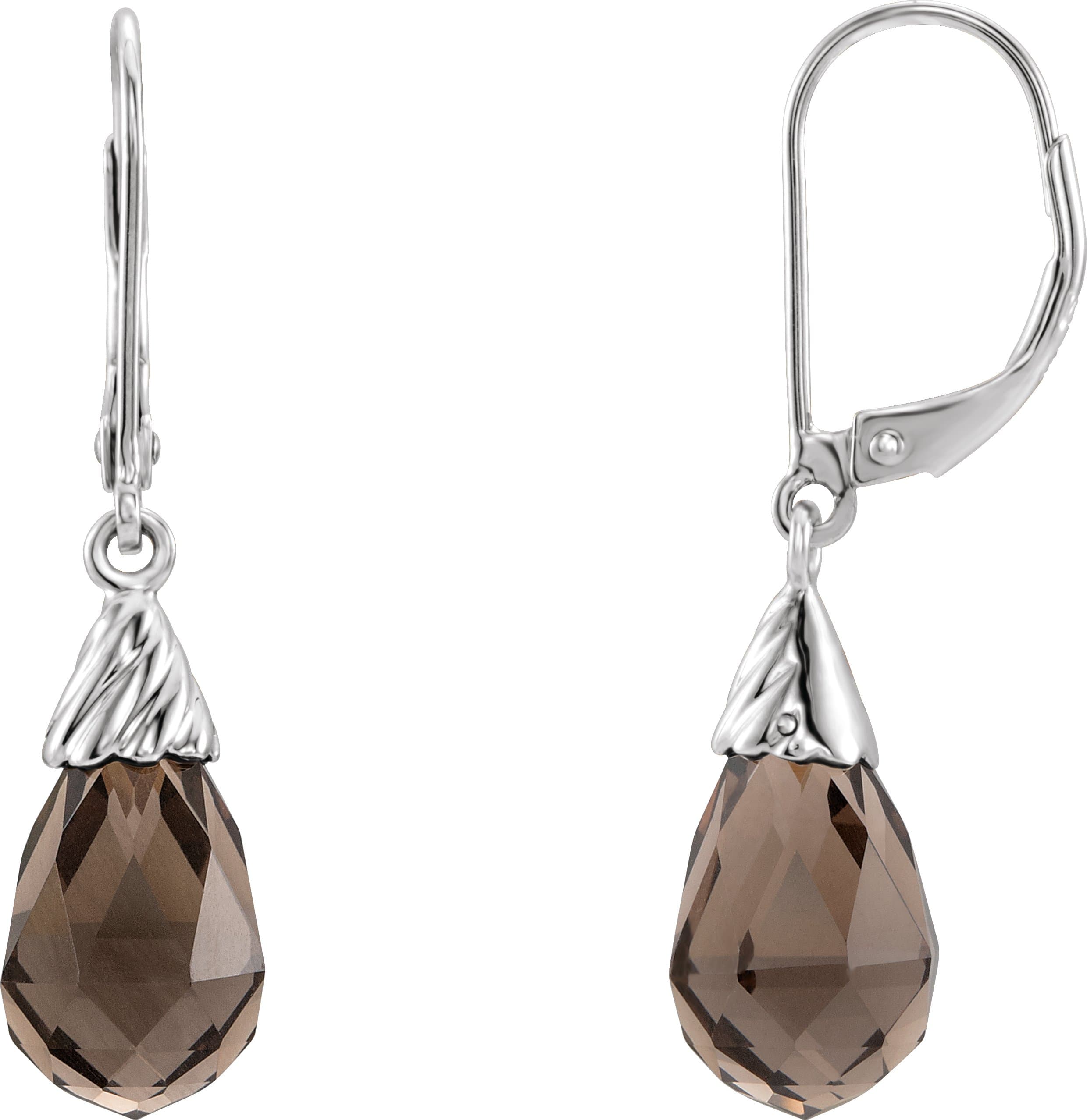 14K White Natural Smoky Quartz Briolette Lever Back Earrings