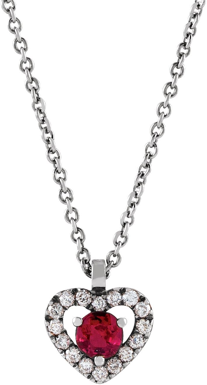 14K White Natural Ruby & .06 CTW Natural Diamond Heart 18 Necklace