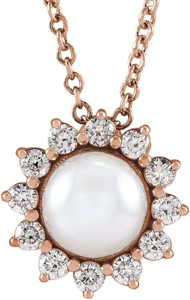 14K Rose Cultured White Akoya Pearl & 1/6 CTW Natural Diamond Halo-Style 16-18 Necklace