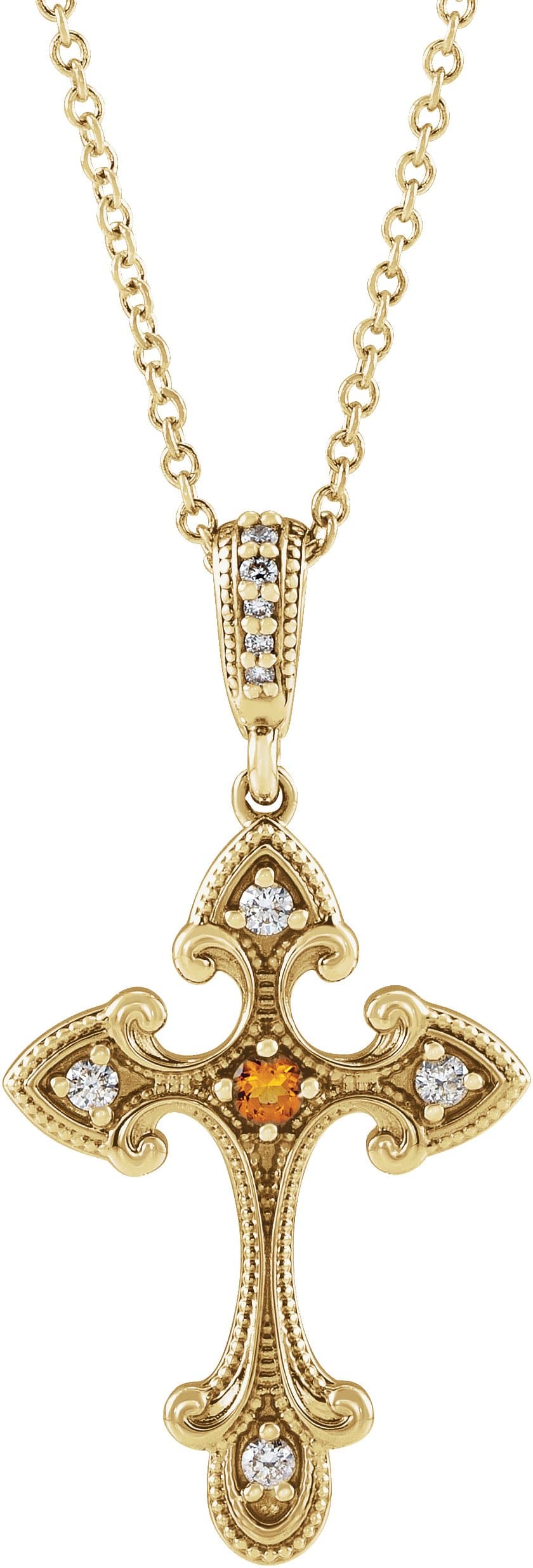 14K Yellow Natural Citrine & .06 CTW Natural Diamond Cross 16-18 Necklace