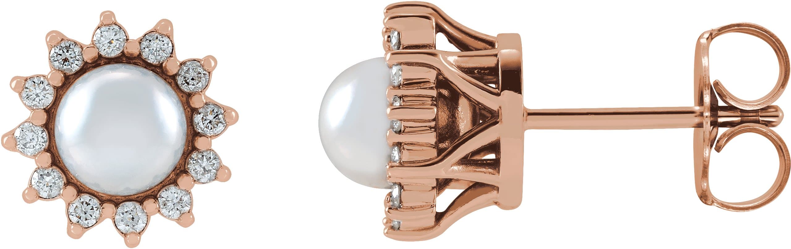 14K Rose Cultured White Akoya Pearl & 1/6 CTW Natural Diamond Halo-Style Earrings