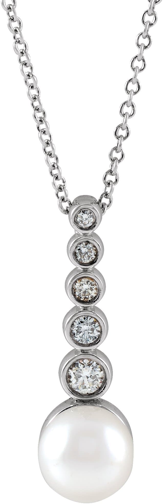 Platinum Cultured White Akoya Pearl & 1/8 CTW Natural Diamond Bar 16-18 Necklace
