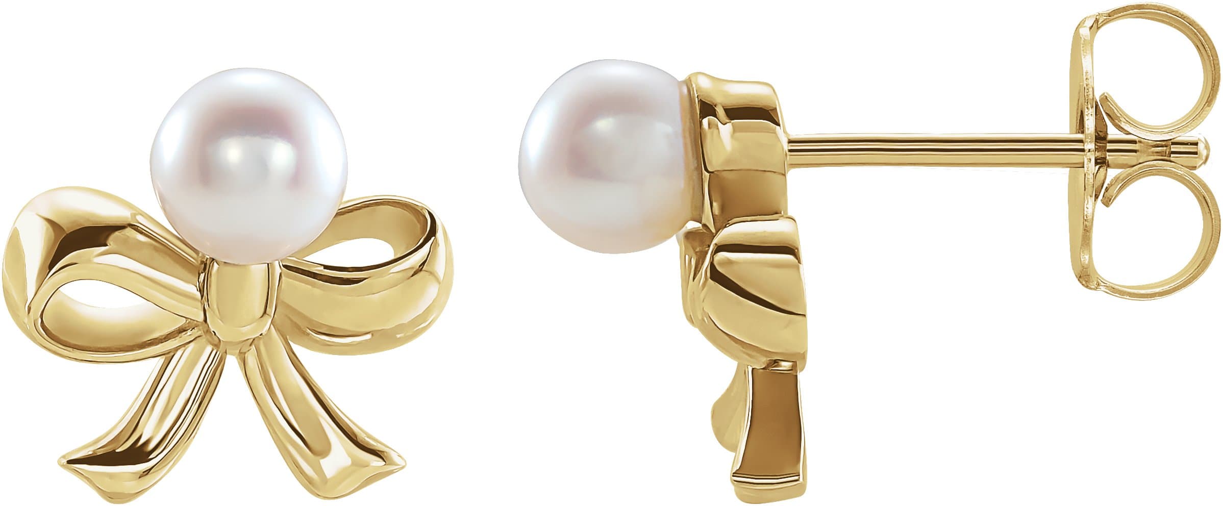 14K Rose Cultured White Akoya Pearl Bow Earrings