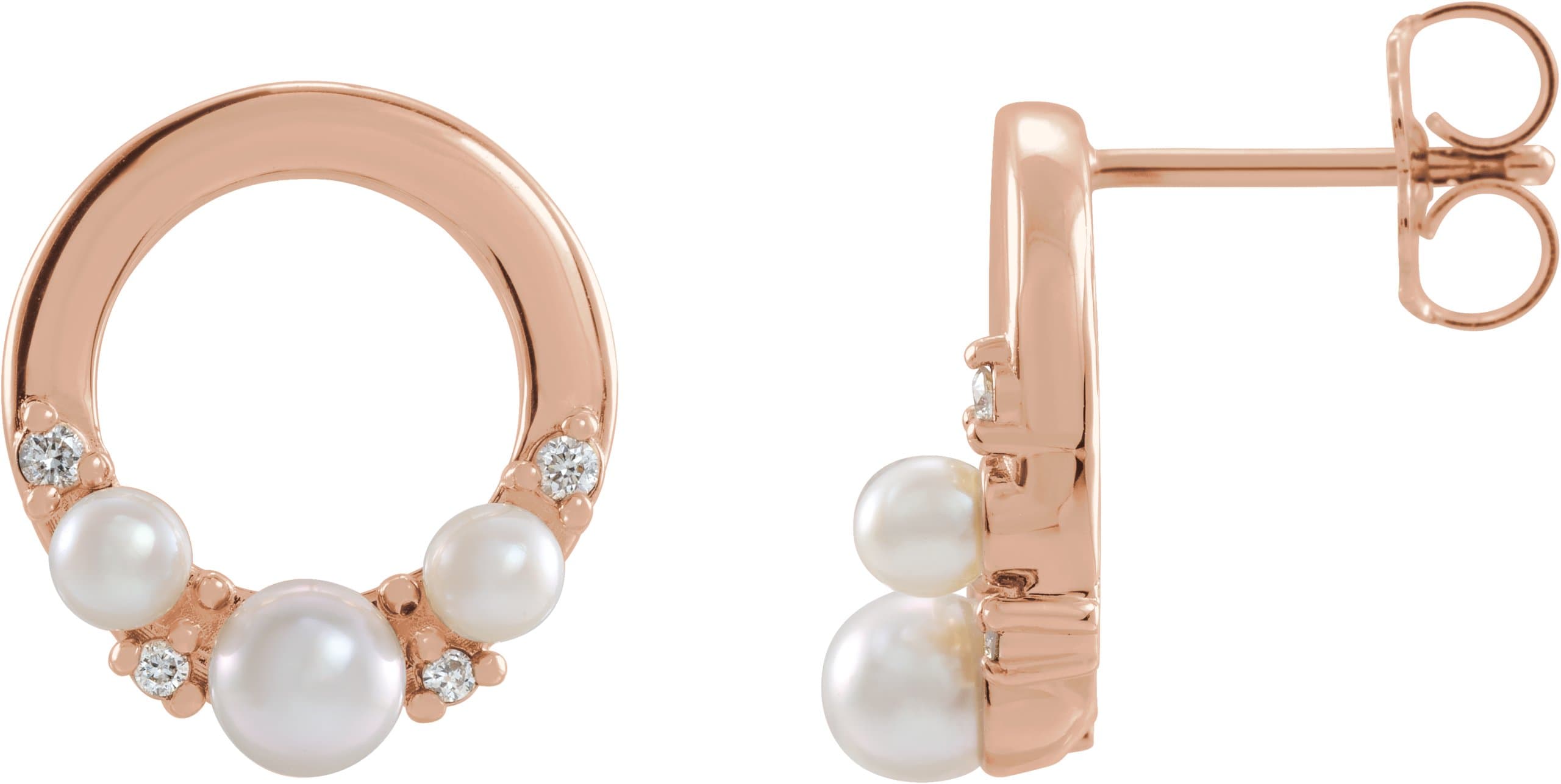 14K Rose Cultured White Seed Pearl & .06 CTW Natural Diamond Circle Earrings