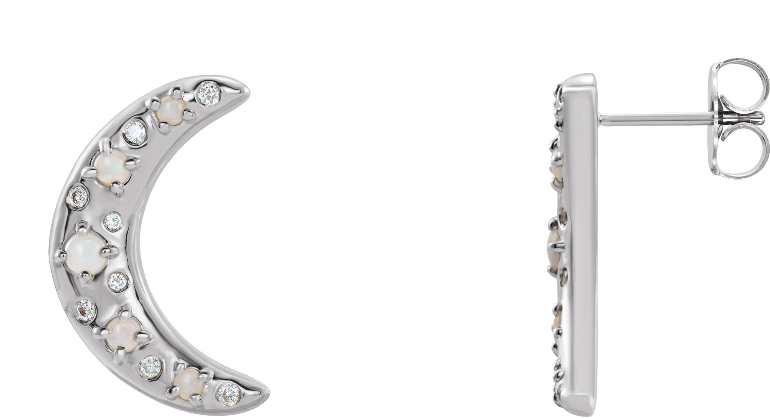 14K Rose Natural White Opal & 1/8 CTW Natural Diamond Crescent Moon Earrings