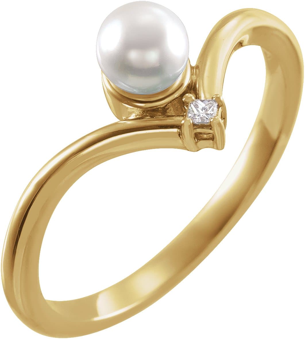 14K Rose Cultured White Akoya Pearl & .025 CTW Natural Diamond Ring
