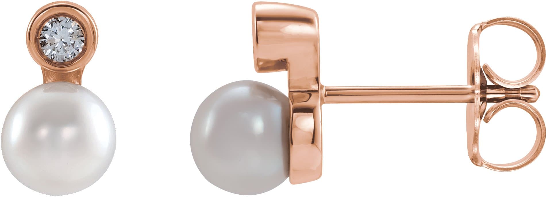 14K Rose Cultured White Akoya Pearl & .03 CTW Natural Diamond Earrings