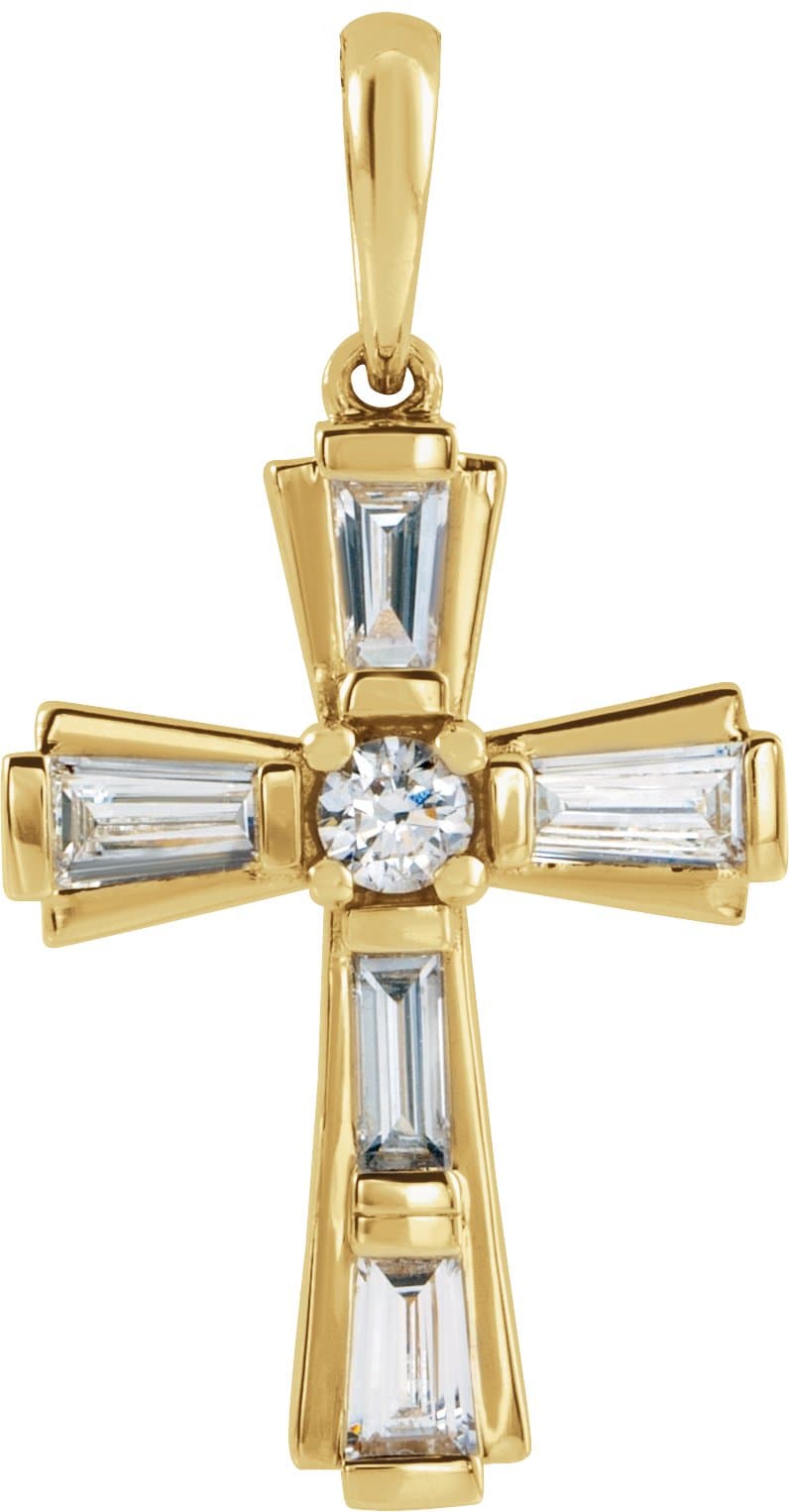 14K Yellow 3/8 CTW Natural Diamond Baguette Cross Pendant