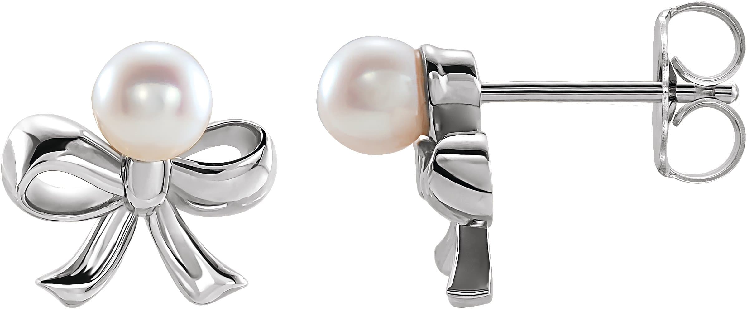 14K Rose Cultured White Akoya Pearl Bow Earrings