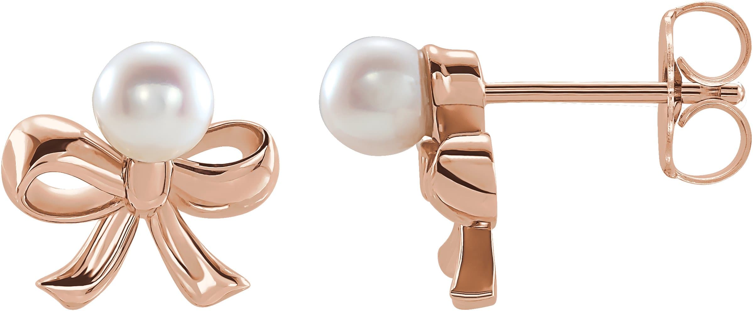 14K Rose Cultured White Akoya Pearl Bow Earrings