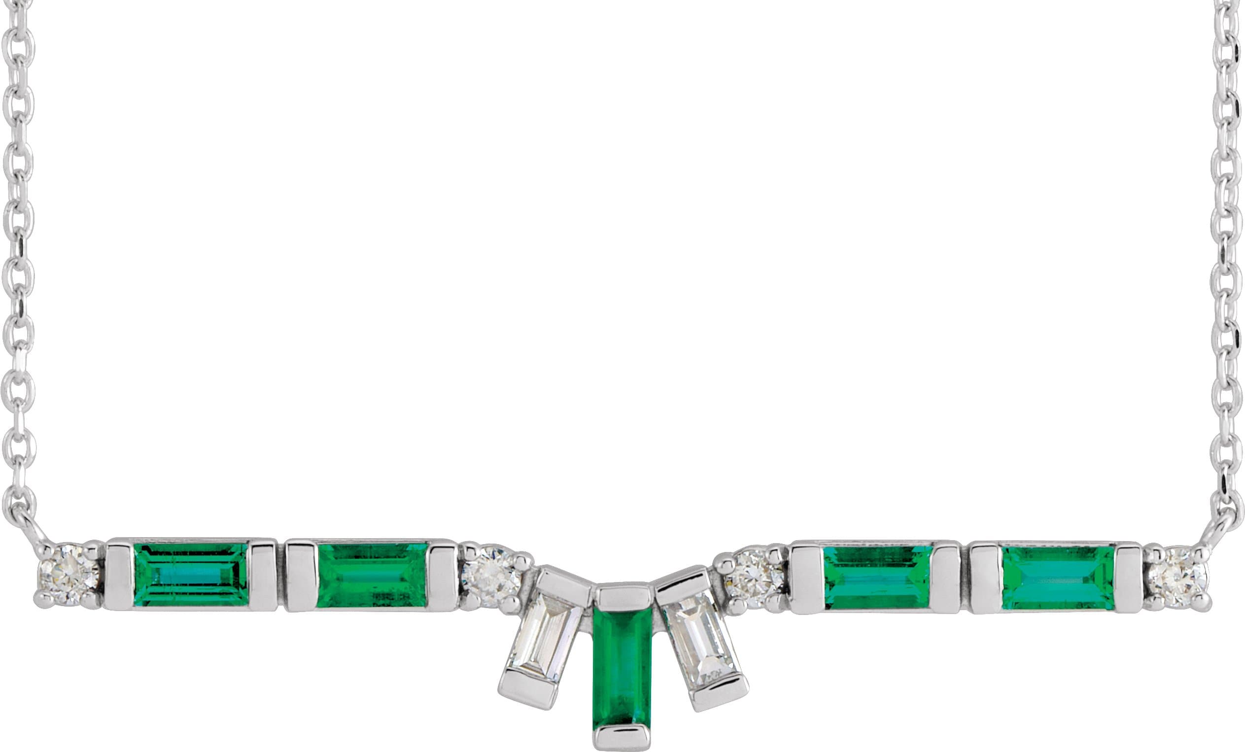 14K White Natural Emerald & 1/5 CTW Natural Diamond Bar 16 Necklace