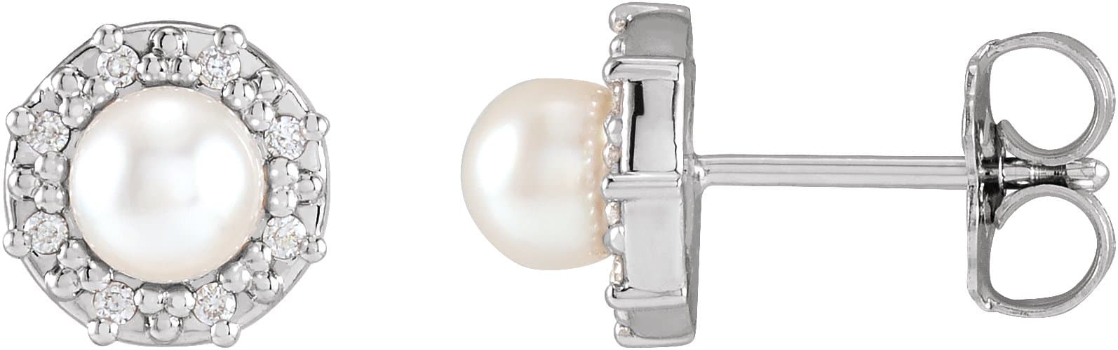 14K Rose Cultured White Akoya Pearl & .07 CTW Natural Diamond Halo-Style Earrings